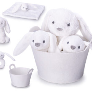 Mikro Trading a.s. Zajíček plyšový bílý sedící 20cm s chrastítkem 13cm a usínáčkem v košíku 0m+