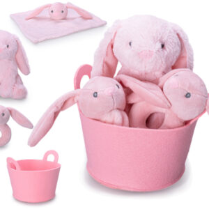 Mikro Trading a.s. Zajíček plyšový růžový sedící 20cm s chrastítkem 13cm a usínáčkem v košíku 0m+