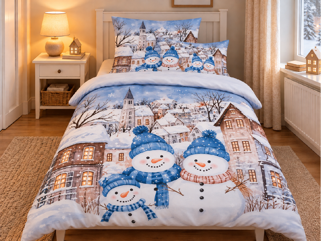 Jahu Povlečení z mikrovlákna 140x200 + 70x90 + 45x45 cm - Sněhuláci v městečku