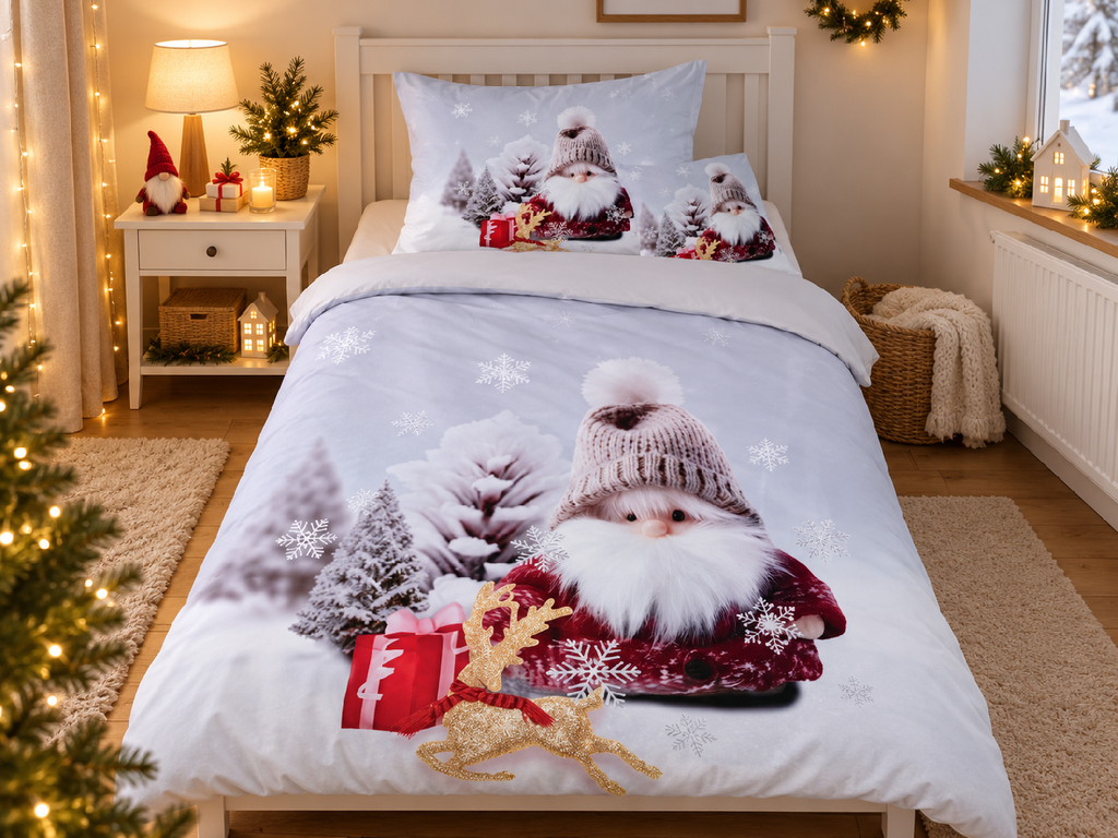 Jahu Vánoční povlečení z mikrovlákna 140x200 + 70x90 + 45x45 cm - Skřítek béžová čepice