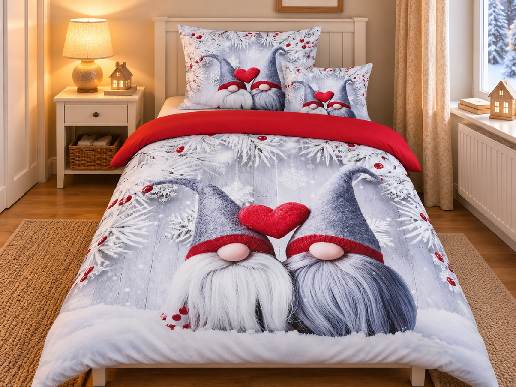 Jahu Vánoční povlečení z mikrovlákna 140x200 + 70x90 + 45x45 cm - Zamilovaní skřítci