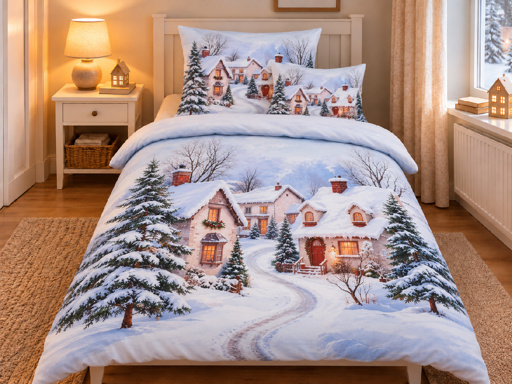 Jahu Vánoční povlečení z mikrovlákna 140x200 + 70x90 + 45x45 cm - Zasněžená vesnička